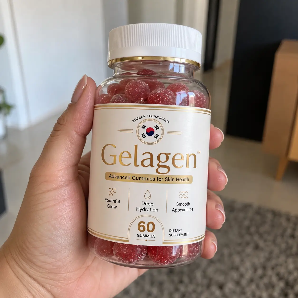 Woman with radiant skin holding Gelagen gummies
