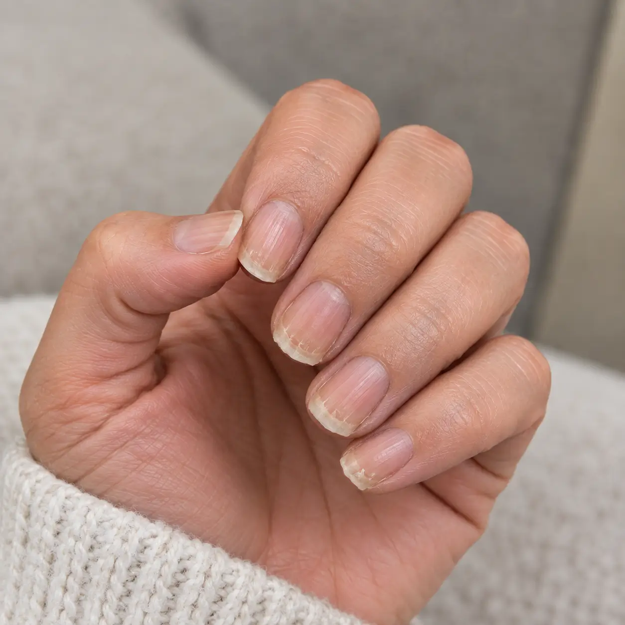 Full view of a woman's hand showing natural, healthy nails